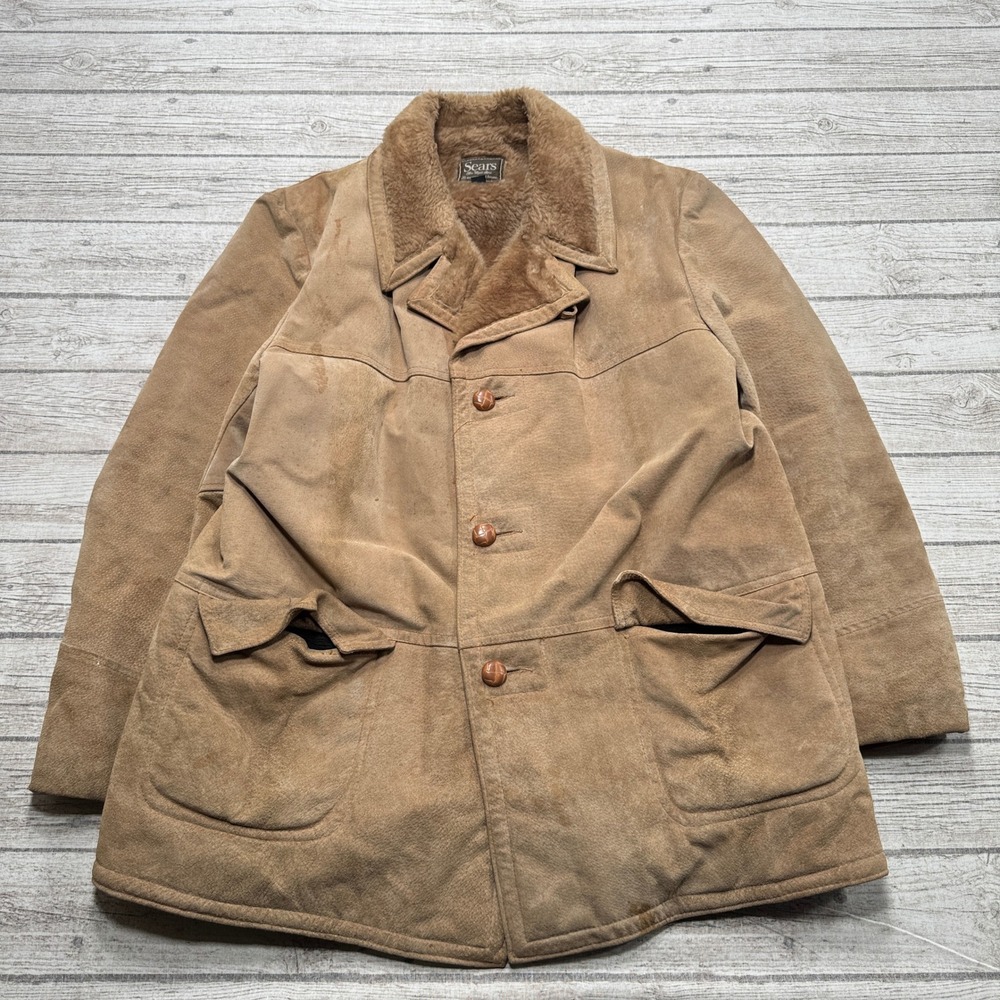 Vintage 70s Sears Coat Men's 48 Brown Faux Fur Lined Suede Leather Rancher Chore